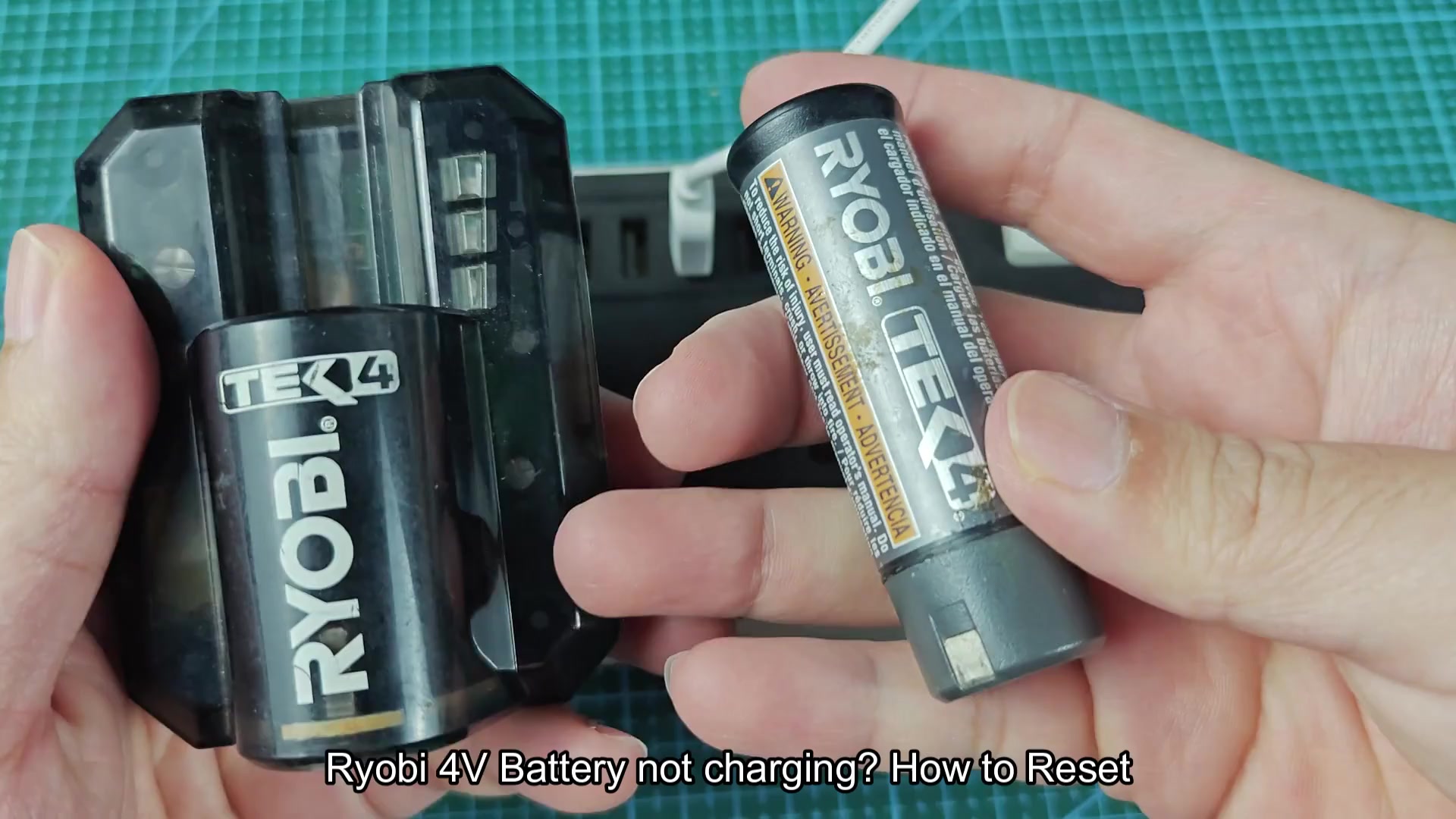 Ryobi TEK4 4V battery pack shown
