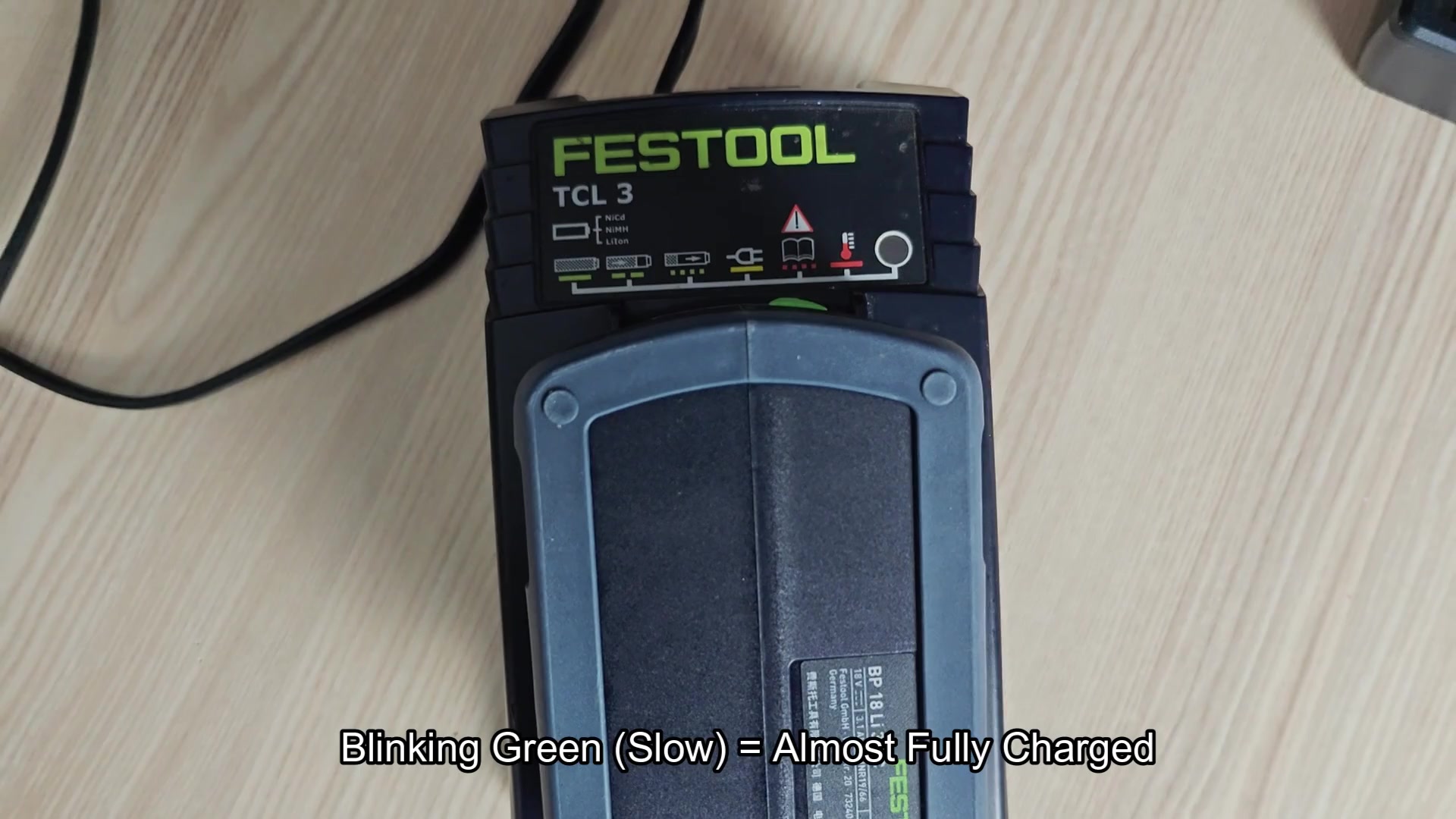Solid green LED means fully charged