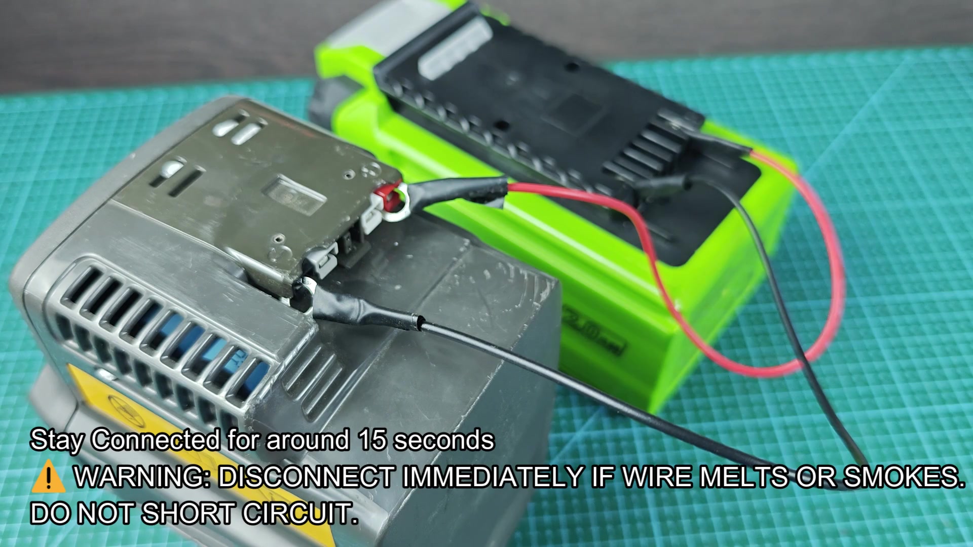 Two battery packs connected and held for 15 seconds
