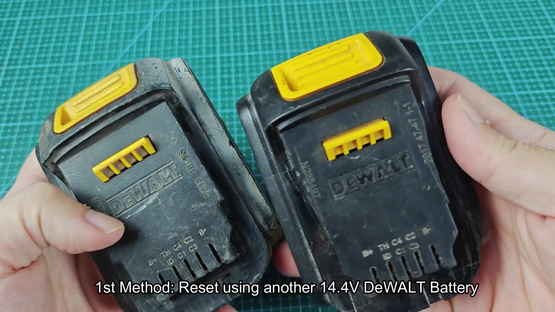 Two DEWALT 14.4V batteries for reset method Two DEWALT 14.4V batteries for reset method