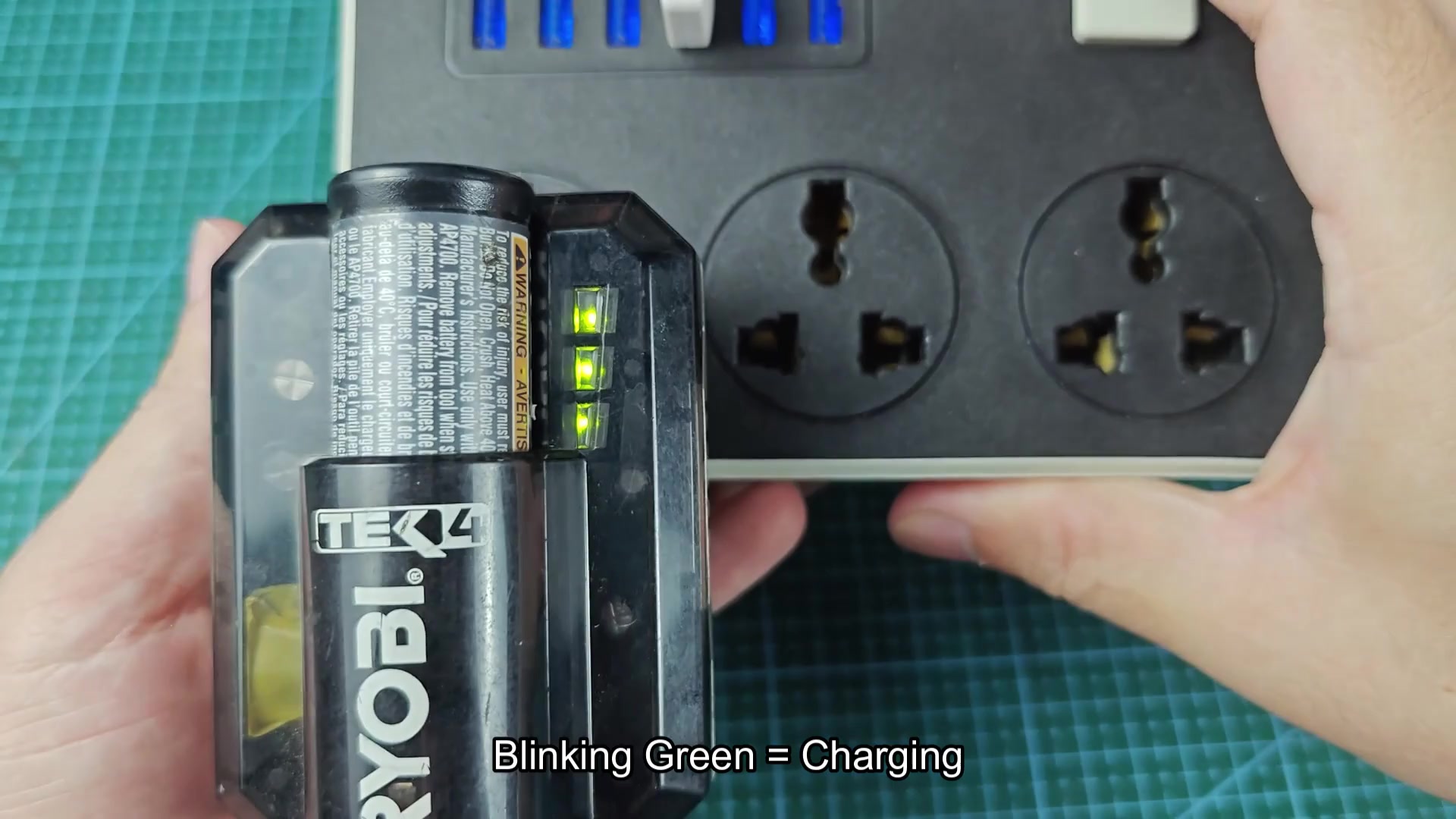 Two green LEDs lit on TEK4 battery charger Two green LEDs lit on TEK4 battery charger