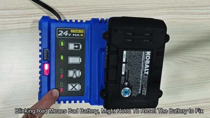 Blinking red LED indicates bad battery