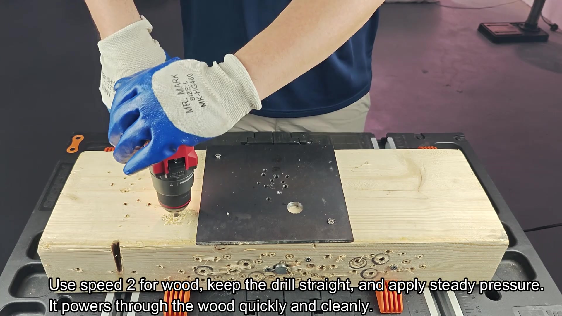 Drill boring hole in wood surface Drill boring hole in wood surface