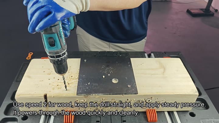 Drill into wood using speed two mode