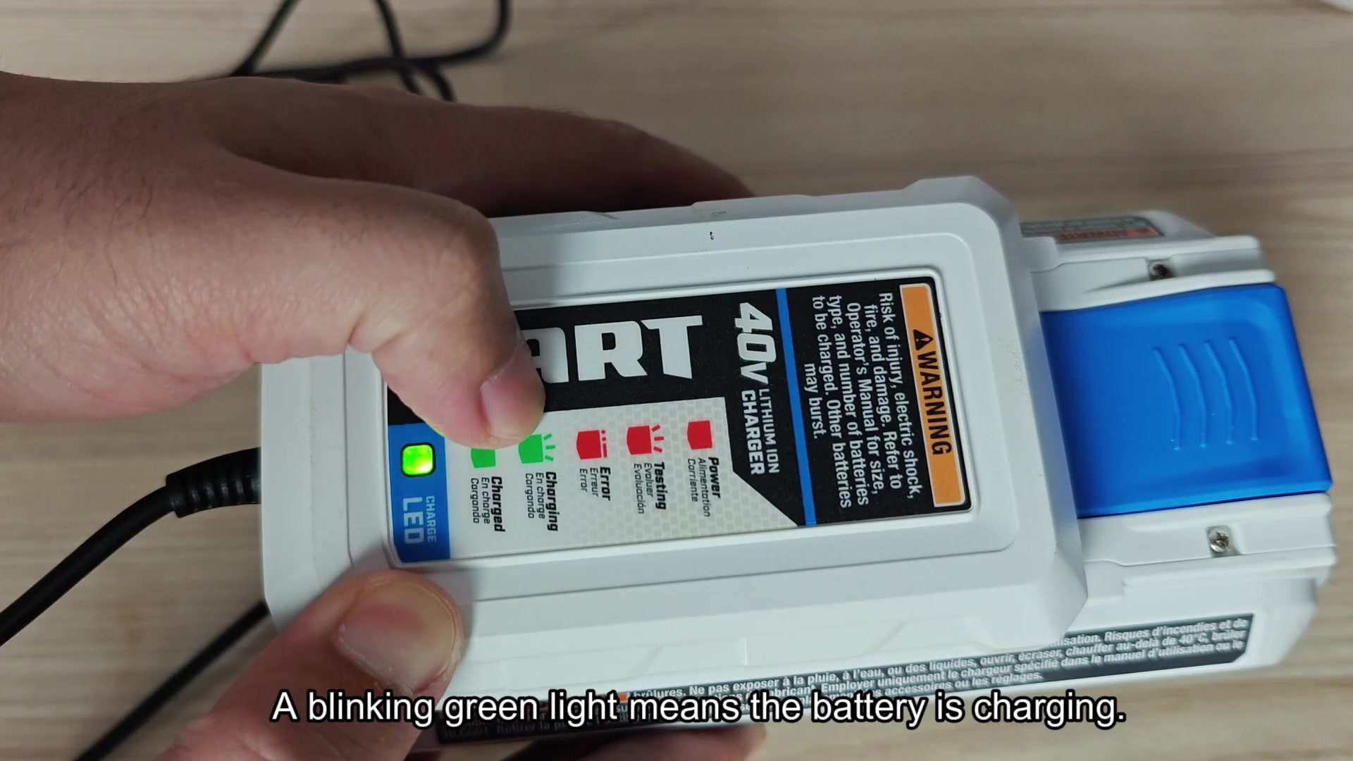 Green LED indicates battery is charging Green LED indicates battery is charging
