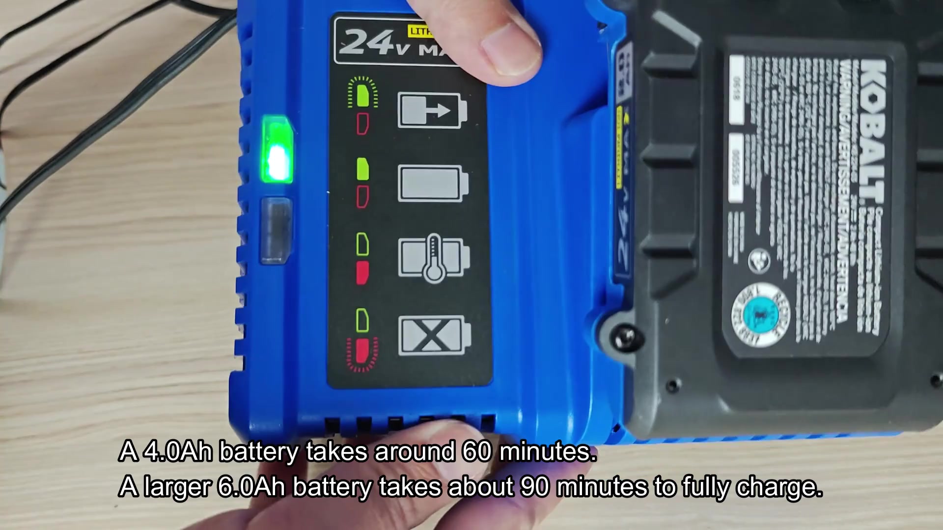 Green LED shows full charge completion status Green LED shows full charge completion status