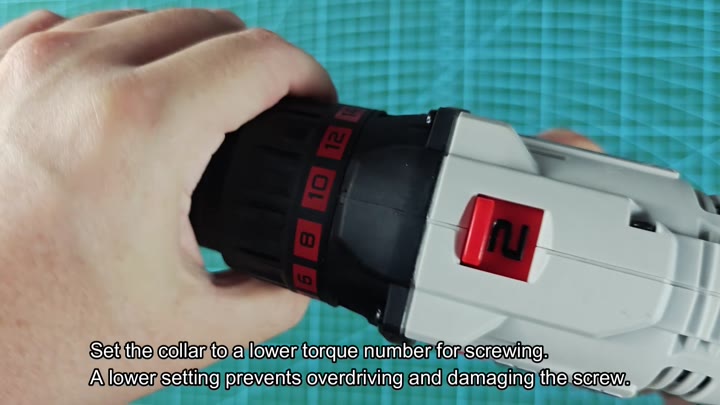 Lower torque settings prevent overdriving screws Lower torque settings prevent overdriving screws