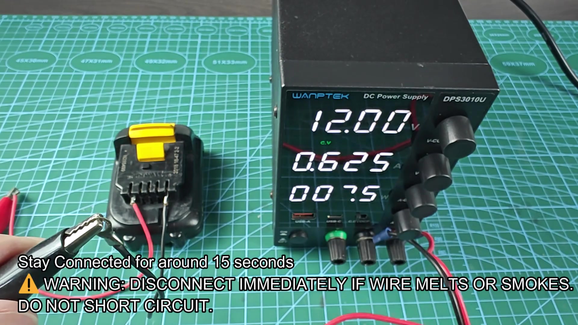 Power supply connected for 15 seconds