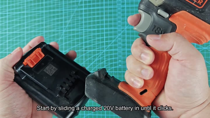Sliding charged battery into drill body Sliding charged battery into drill body