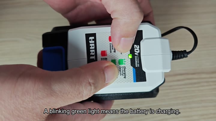 Blinking green LED indicates battery charging