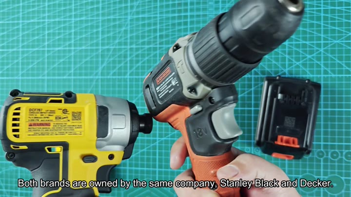 DeWalt and Stanley drills on mat DeWalt and Stanley drills on mat