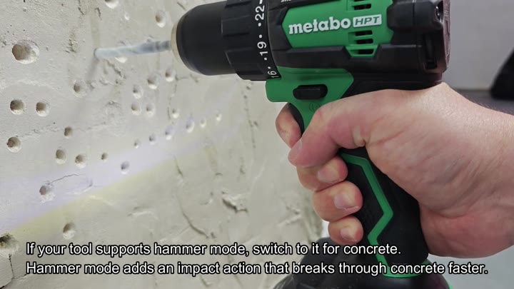 Drilling into concrete using hammer mode Drilling into concrete using hammer mode
