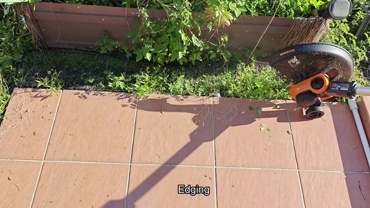 Edging weeds along tiled patio border Edging weeds along tiled patio border