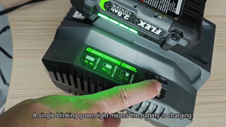 Green LED indicators show charge status Green LED indicators show charge status