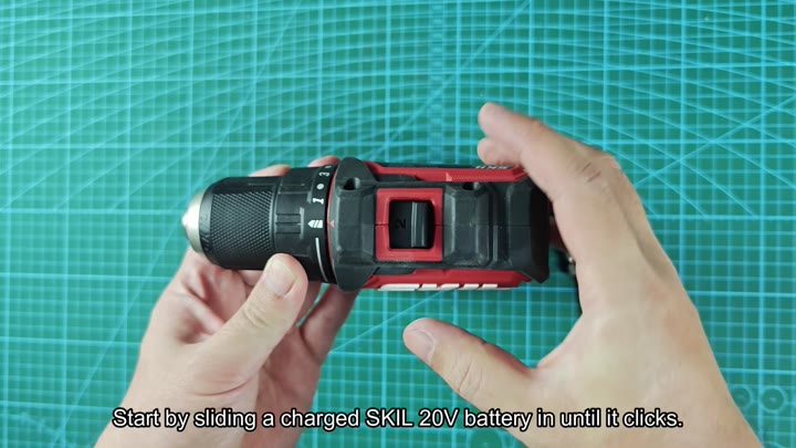Slide charged 20V battery in until it clicks Slide charged 20V battery in until it clicks