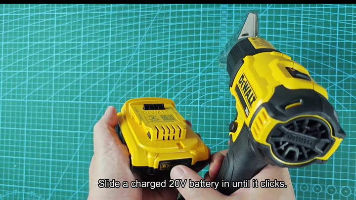 Slide charged 20V battery in until it clicks Slide charged 20V battery in until it clicks