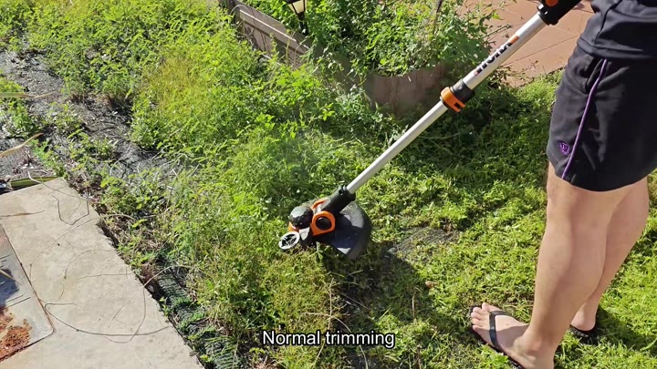 Trimmer cutting grass along concrete path Trimmer cutting grass along concrete path