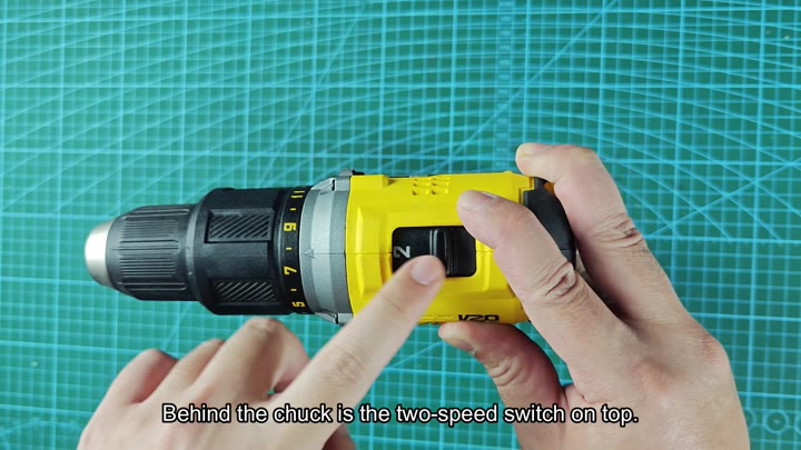 Two-speed switch located behind the drill chuck Two-speed switch located behind the drill chuck