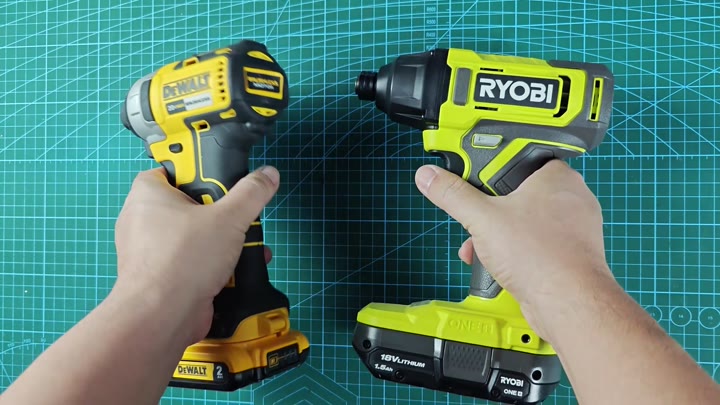 Yellow DeWalt and green Ryobi tools shown Yellow DeWalt and green Ryobi tools shown